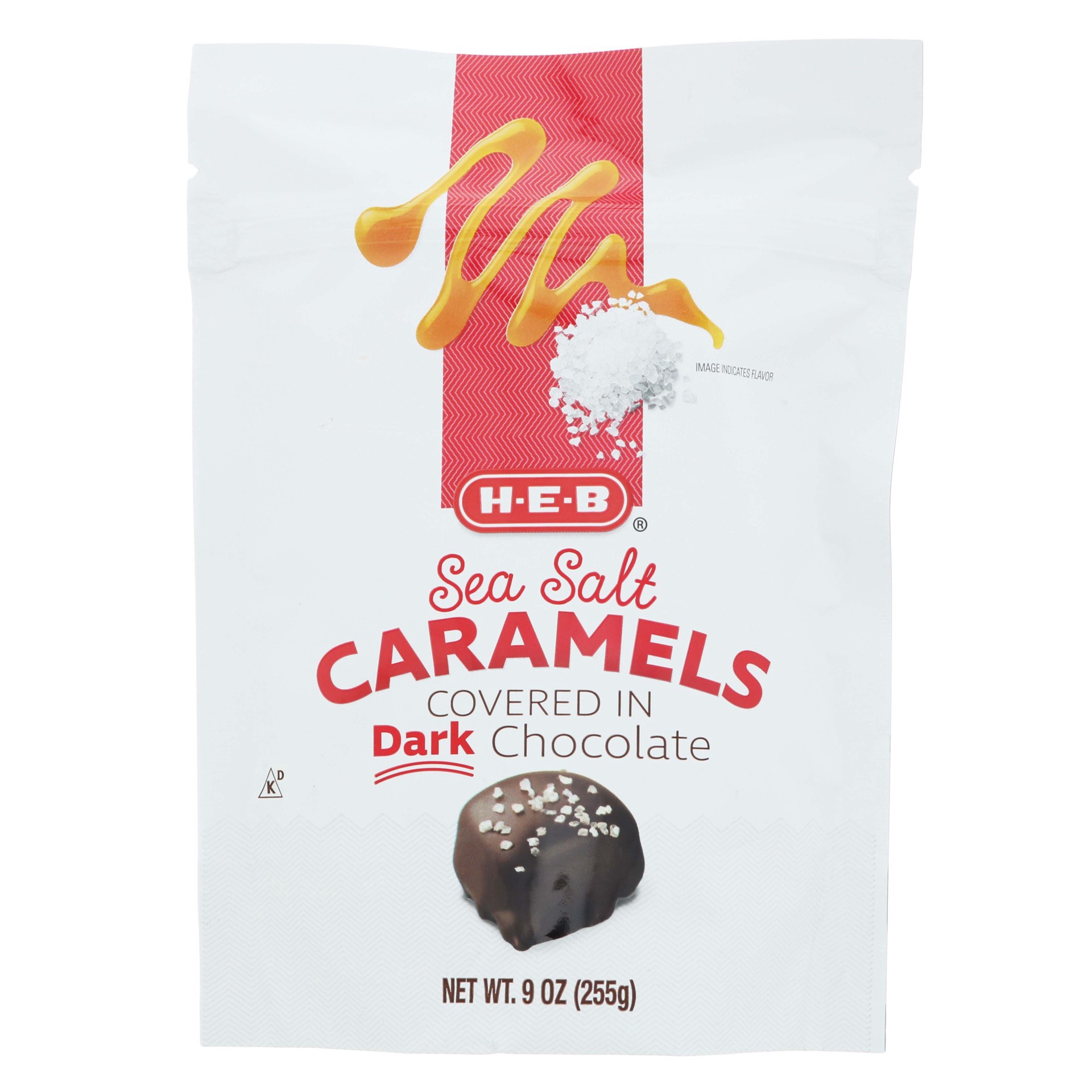 slide 1 of 1, H-E-B Dark Chocolate Sea Salt Caramel, 9 oz