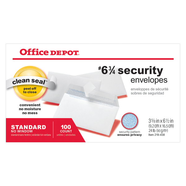 slide 1 of 1, Office Depot Clean Seal Security Envelopes, #6 3/4 (3-5/8" X 6-1/2"), White, Box Of 100 Envelopes, 100 ct