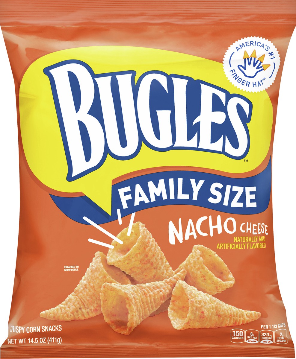 slide 9 of 10, Bugles Crispy Corn Snacks, Nacho Cheese, Family Size Snack Bag, 14.5 oz, 14.5 oz