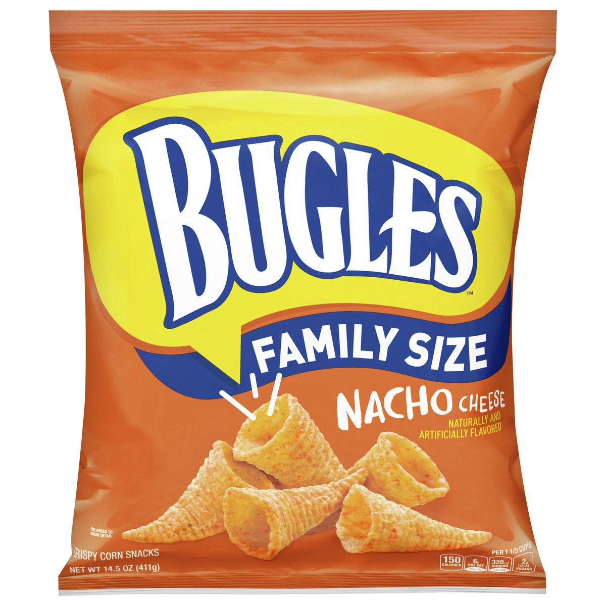 slide 1 of 10, Bugles Crispy Corn Snacks, Nacho Cheese, Family Size Snack Bag, 14.5 oz, 14.5 oz