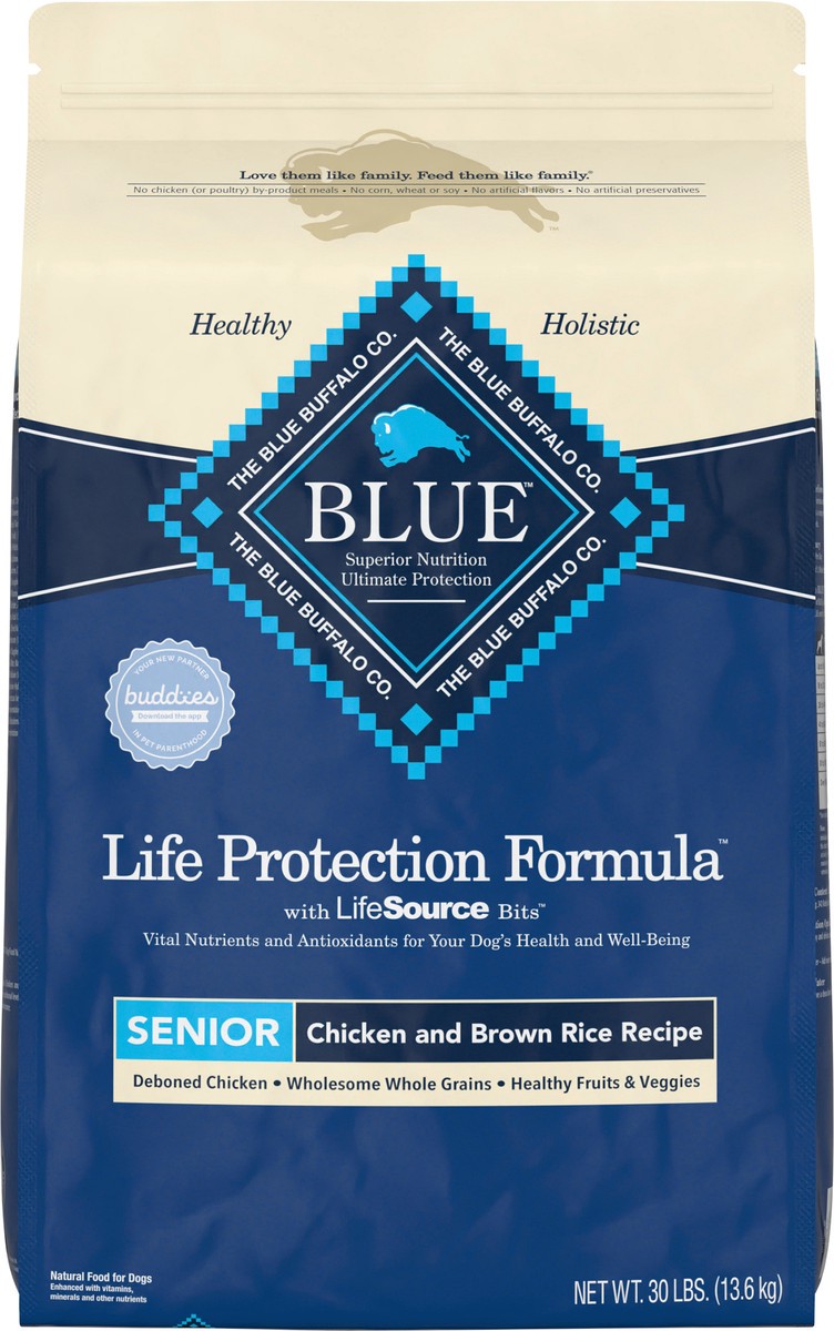 slide 3 of 8, Blue Buffalo Dog Food for Senior Dogs, Life Protection Formula, Natural Chicken & Brown Rice Flavor, Senior Dry Dog Food, 30 lb Bag, 30 lb