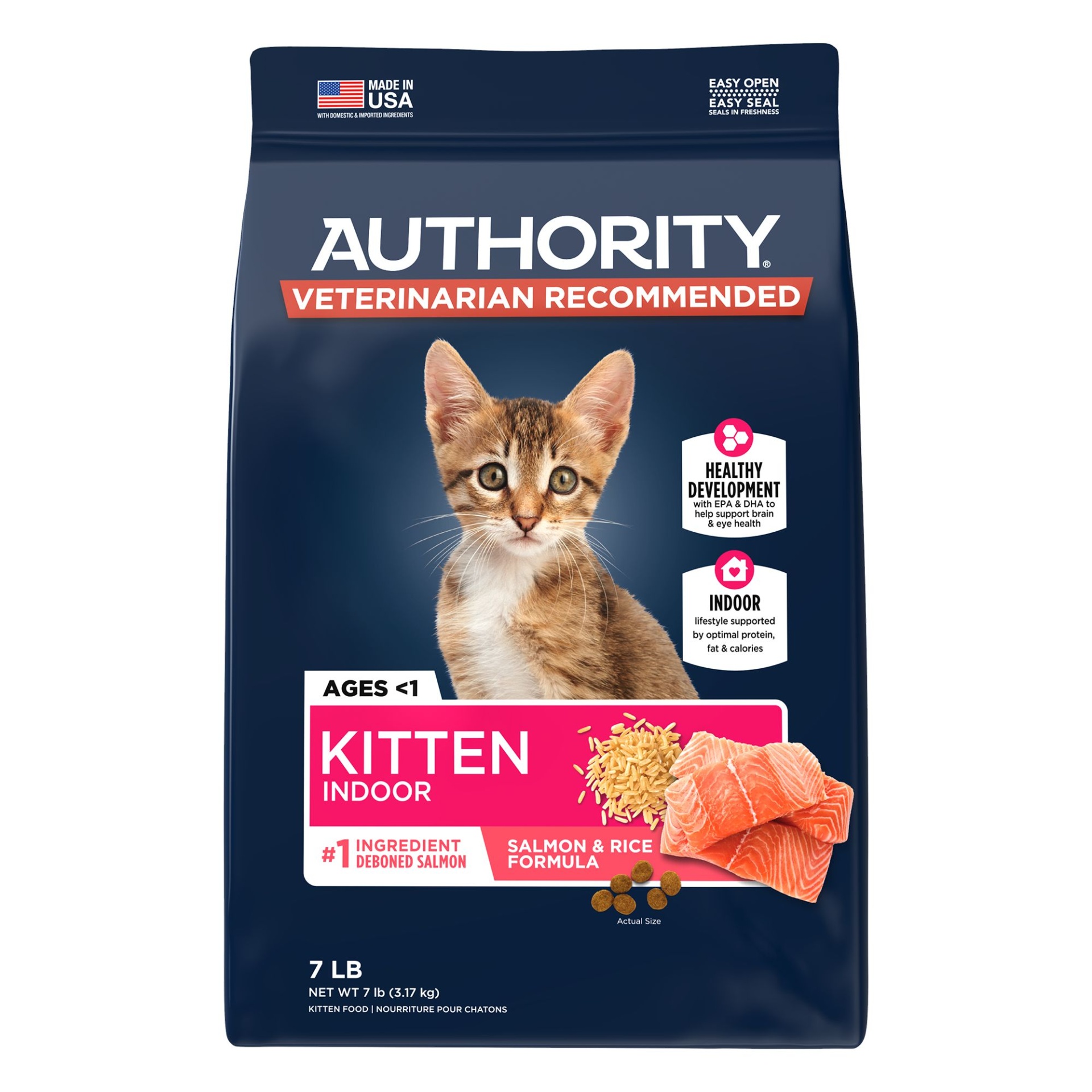 slide 1 of 1, Authority Everyday Health Indoor Kitten Cat Dry Food - Salmon & Rice, With-Grain, 7 lb