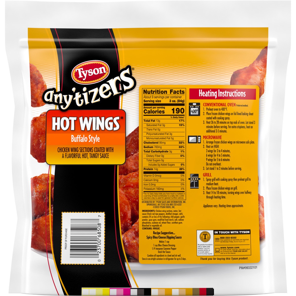 slide 5 of 6, TYSON ANYTIZERS Tyson Any'tizers Buffalo Style Bone-In Chicken Wings, 40 oz. (Frozen), 1.13 kg