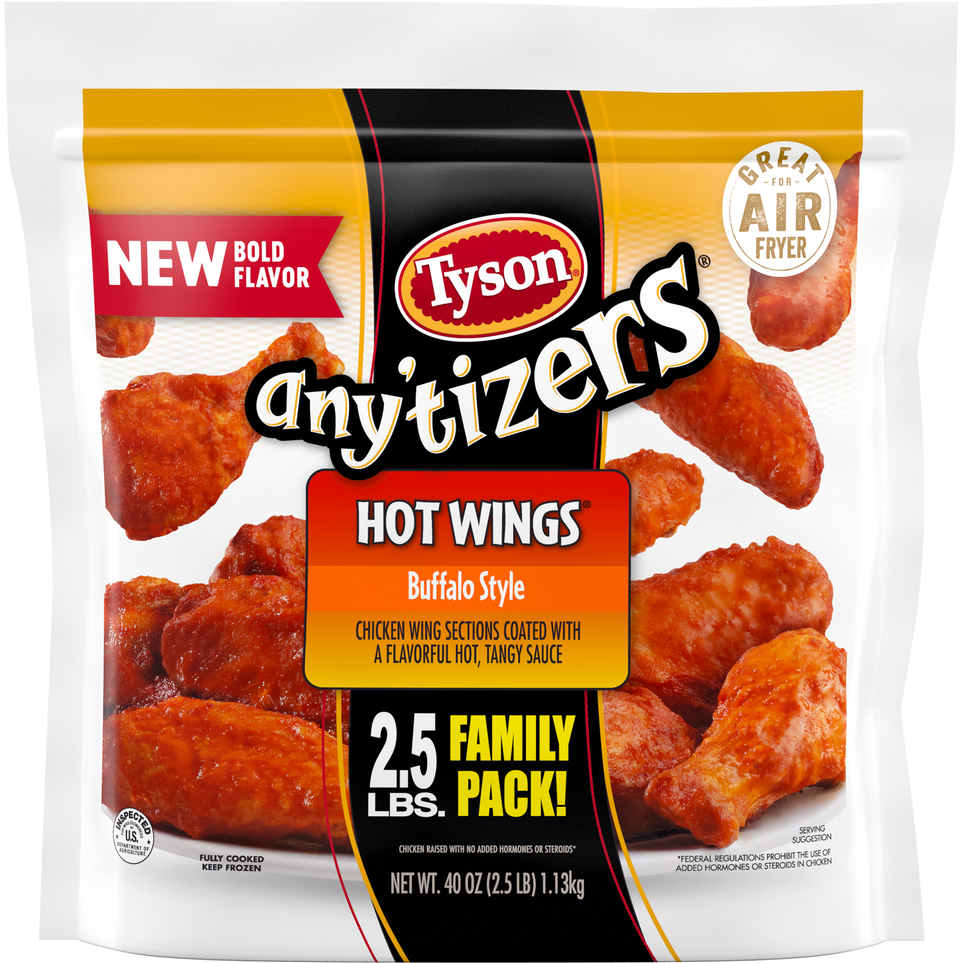 slide 1 of 6, TYSON ANYTIZERS Tyson Any'tizers Buffalo Style Bone-In Chicken Wings, 40 oz. (Frozen), 1.13 kg