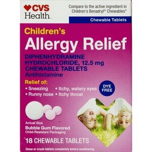 slide 1 of 1, CVS Health Children's Allergy Relief Dye Free Diphenhydramine Hcl Chewable Tablets, Bubblegum, 18 Ct, 1 ct