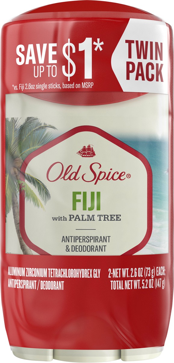 slide 2 of 3, Old Spice Antiperspirant and Deodorant for men, 24/7 Sweat and Odor Protection, Fiji with Palm Tree Scent, Invisible Solid Stick, Twin Pack, 2 x 2.6oz, 2 ct; 2.6 oz