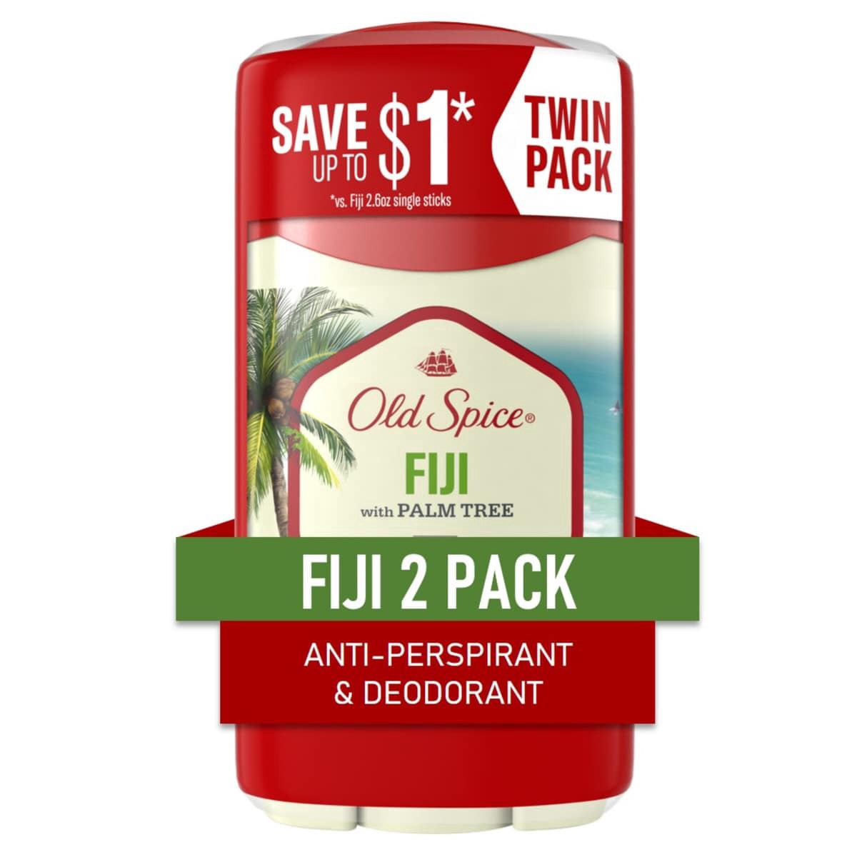 slide 1 of 3, Old Spice Antiperspirant and Deodorant for men, 24/7 Sweat and Odor Protection, Fiji with Palm Tree Scent, Invisible Solid Stick, Twin Pack, 2 x 2.6oz, 2 ct; 2.6 oz