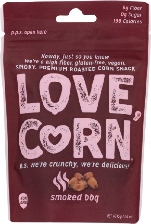 slide 1 of 1, LOVE CORN Smoked BBQ Roasted Corn Snack, 1.6 oz