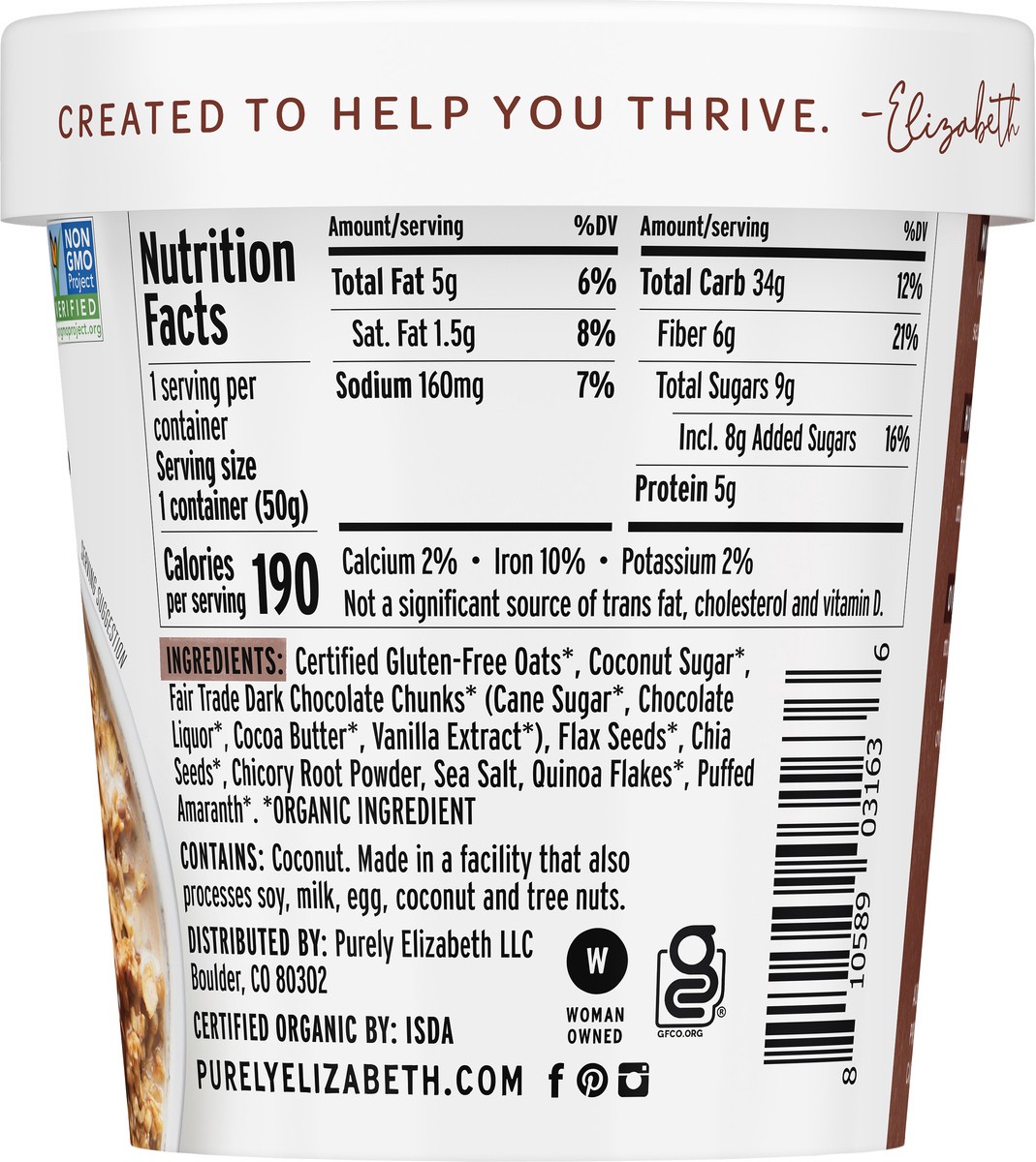 slide 2 of 9, Purely Elizabeth Dark Chocolate Chunk Superfood Oatmeal with Prebiotic Fiber Cup 1.76 oz, 1.76 oz