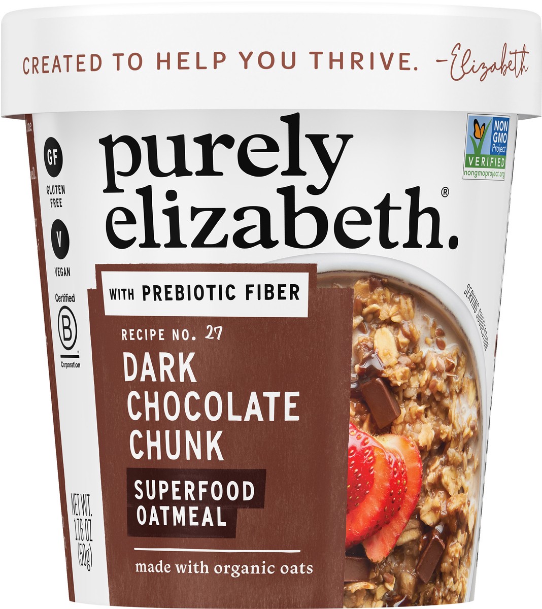 slide 7 of 9, Purely Elizabeth Dark Chocolate Chunk Superfood Oatmeal with Prebiotic Fiber Cup 1.76 oz, 1.76 oz