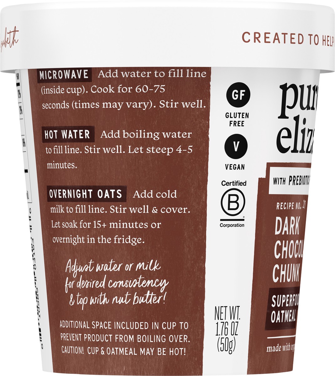 slide 3 of 9, Purely Elizabeth Dark Chocolate Chunk Superfood Oatmeal with Prebiotic Fiber Cup 1.76 oz, 1.76 oz