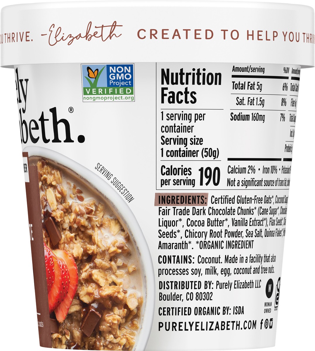 slide 8 of 9, Purely Elizabeth Dark Chocolate Chunk Superfood Oatmeal with Prebiotic Fiber Cup 1.76 oz, 1.76 oz