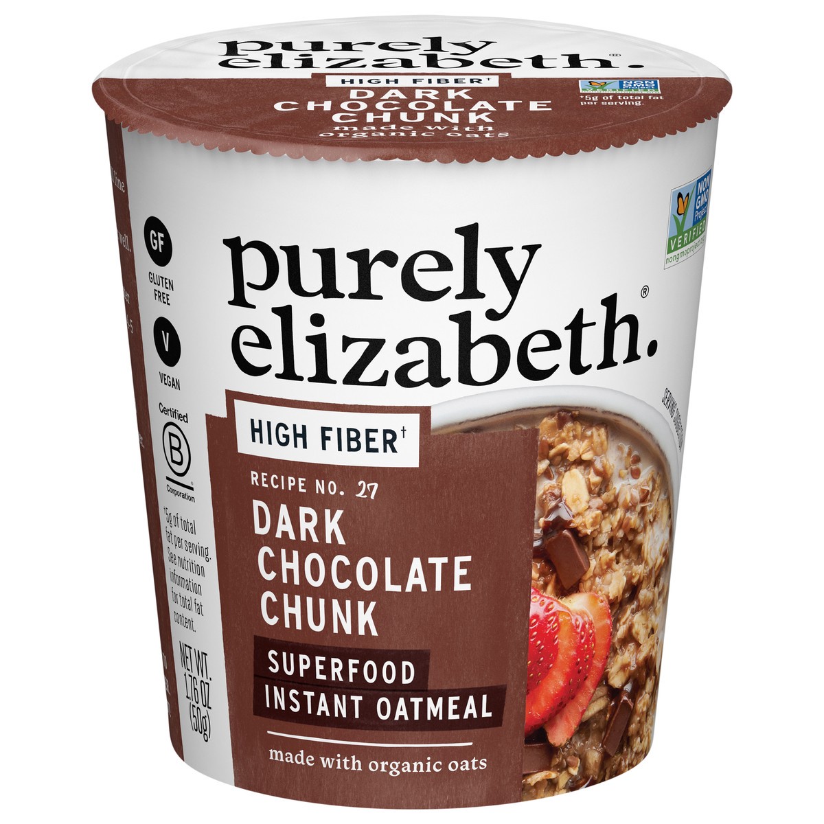 slide 1 of 9, Purely Elizabeth Dark Chocolate Chunk Superfood Oatmeal with Prebiotic Fiber Cup 1.76 oz, 1.76 oz