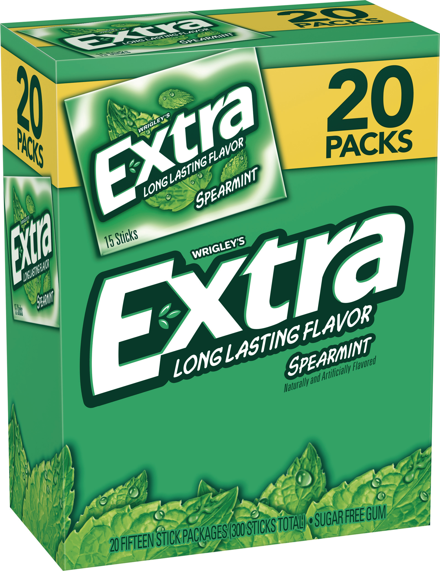 slide 1 of 5, Extra Gum Sugar Free Mint Chewing Gum, Spearmint, 15 sticks, 20 pk, 