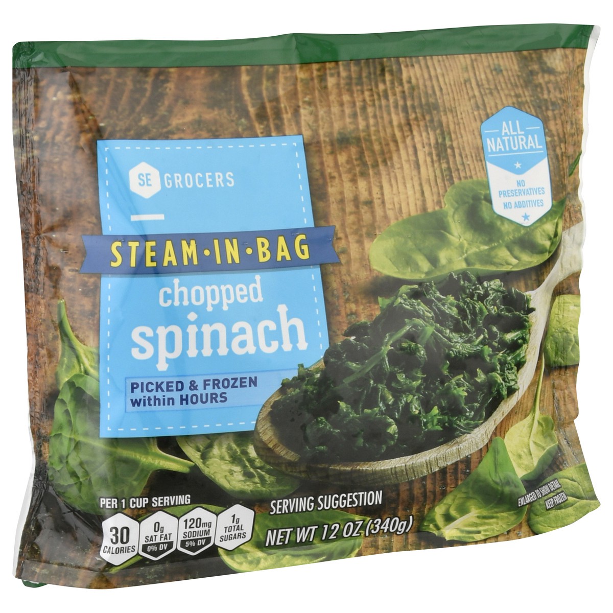 slide 2 of 11, SE Grocers Steam-In-Bag Spinach Chopped, 12 oz