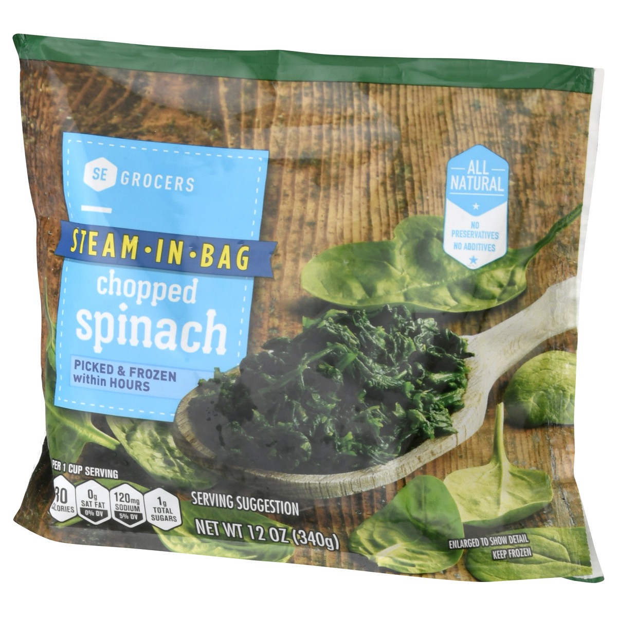 slide 2 of 11, SE Grocers Steam-In-Bag Spinach Chopped, 12 oz