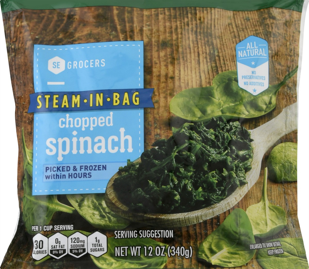 slide 9 of 11, SE Grocers Steam-In-Bag Spinach Chopped, 12 oz