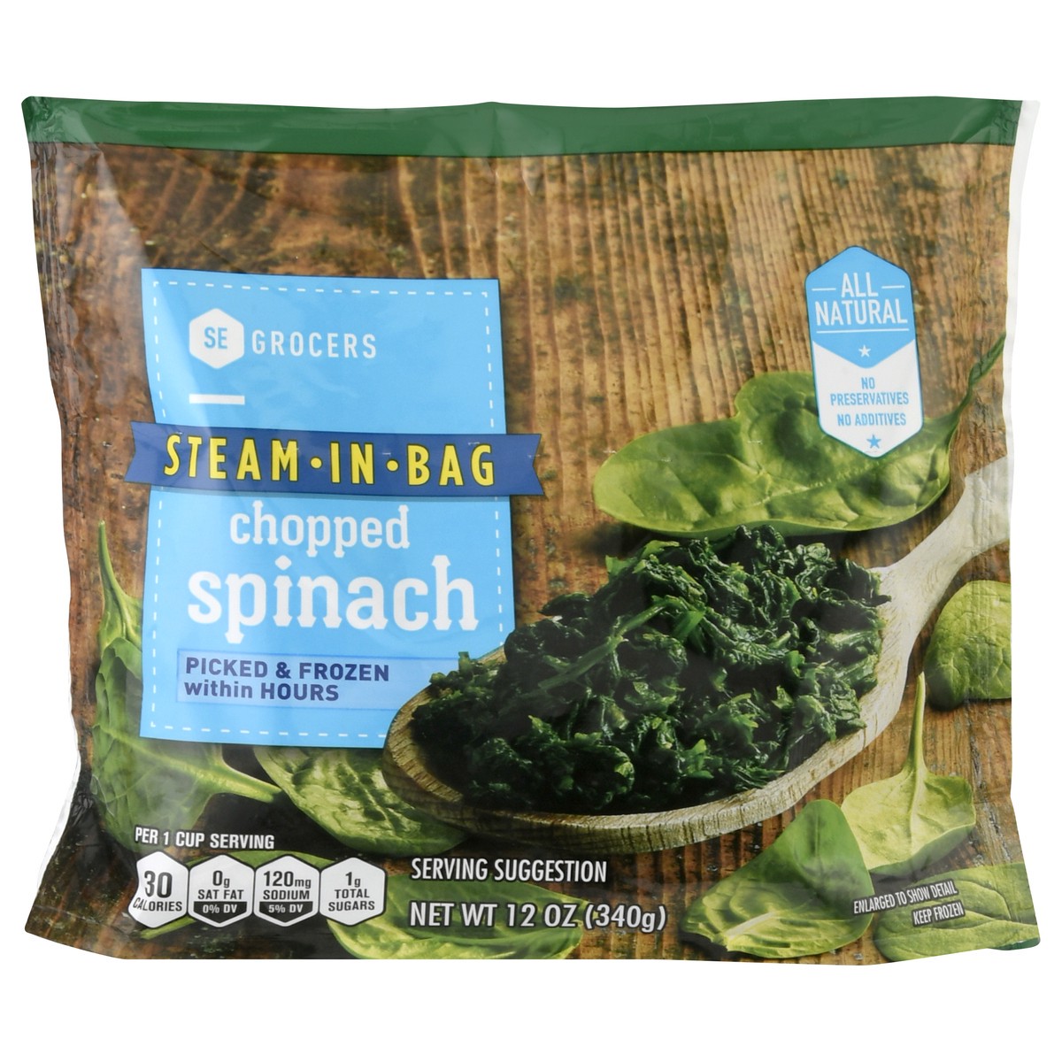 slide 7 of 11, SE Grocers Steam-In-Bag Spinach Chopped, 12 oz