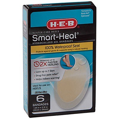 slide 1 of 1, H-E-B Blister Care Heels Smart Heal Hydrocolloid Gel Bandages, 6 ct