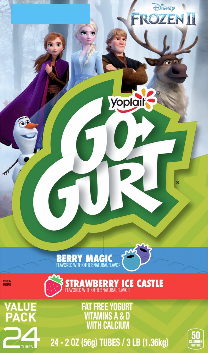 slide 6 of 16, Go-GURT Disney Frozen Berry Magic and Strawberry Ice Castle Kids Fat Free Yogurt Variety Pack, Gluten Free, 2 oz. Yogurt Tubes (24 Count), 24 ct