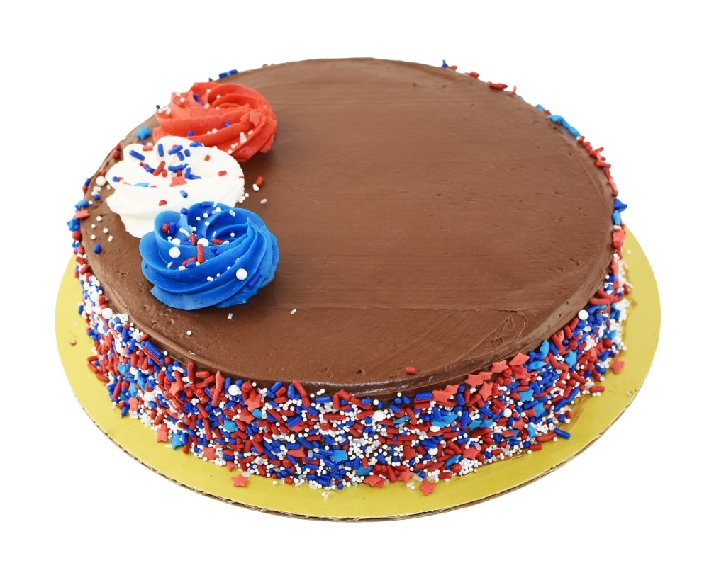 slide 1 of 1, Empire Bakery Commissary Single Layer Patriotic Chocolate Cake With Chocolate Buttercreme Icing, 8 in