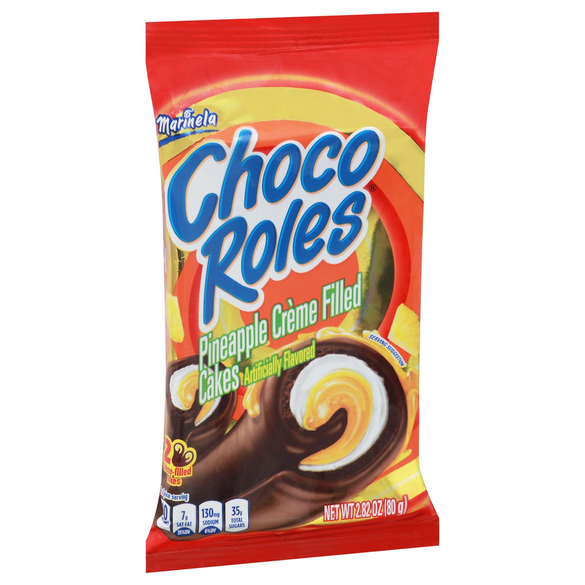 slide 5 of 14, Marinela Choco Roles Pineapple Crème Filled Cakes, 2 count, Swiss Rolls, 2.82 oz Bag, 2 ct