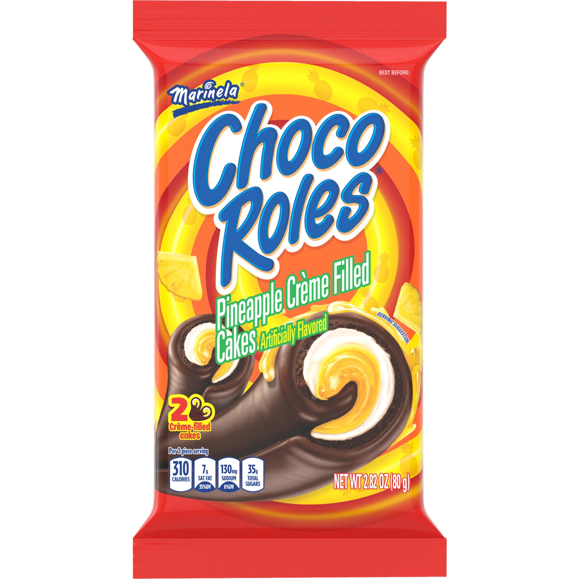 slide 1 of 14, Marinela Choco Roles Pineapple Crème Filled Cakes, 2 count, Swiss Rolls, 2.82 oz Bag, 2 ct