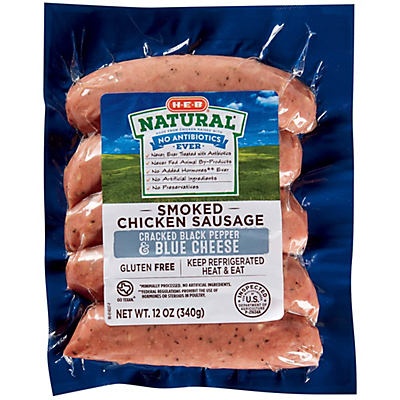 slide 1 of 1, H-E-B Natural Black Pepper and Blue Cheese Chicken Sausage, 12 oz