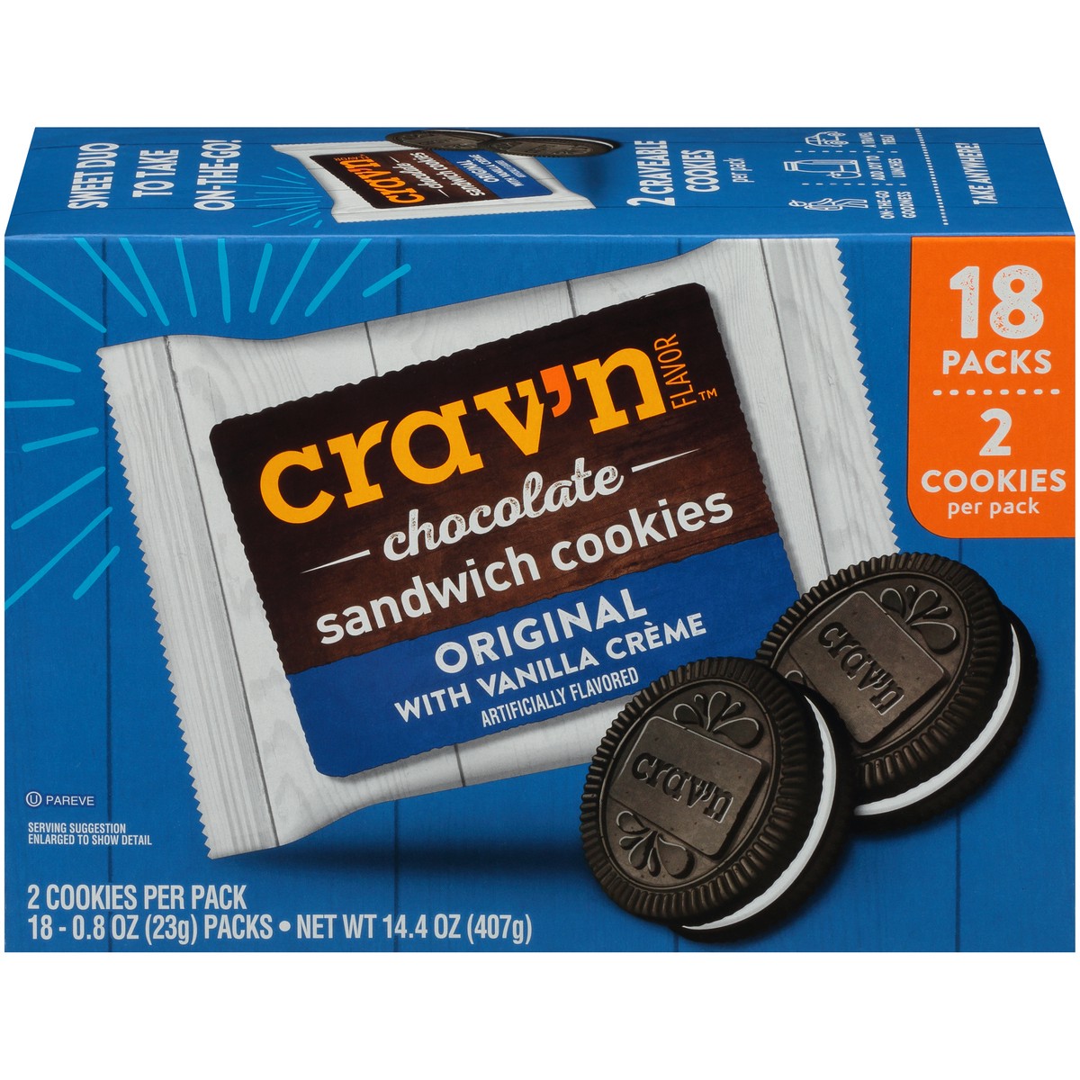 slide 1 of 15, Crav'n Flavor Original With Vanilla Creme Chocolate Sandwich Cookies, 14.4 oz