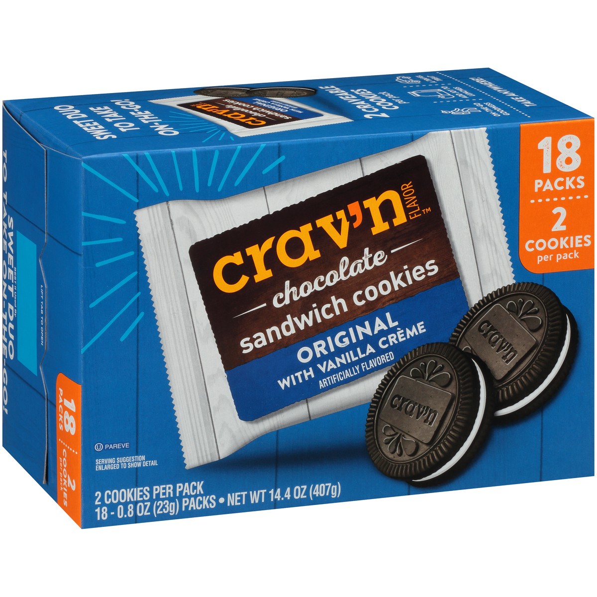 slide 14 of 15, Crav'n Flavor Original With Vanilla Creme Chocolate Sandwich Cookies, 14.4 oz