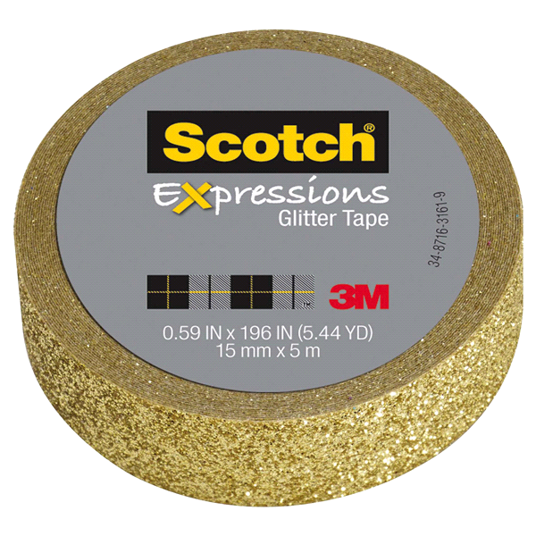 slide 1 of 4, Scotch Expressions Glitter Tape, Gold, 0.59 in x 196 in