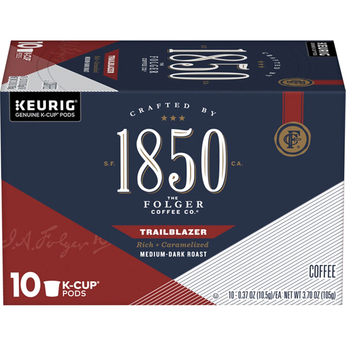 slide 1 of 1, Folgers 1850 Trailblazer Medium Dark Roast Coffee Kcup Pods, 10 ct; 0.38 oz