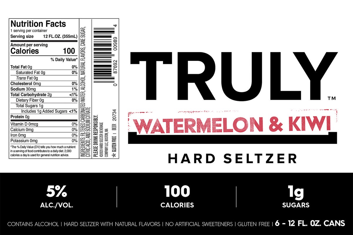 slide 2 of 5, TRULY Hard Seltzer Watermelon & Kiwi, Spiked & Sparkling Water (12 fl. oz. Can, 6pk.), 6 ct; 12 oz