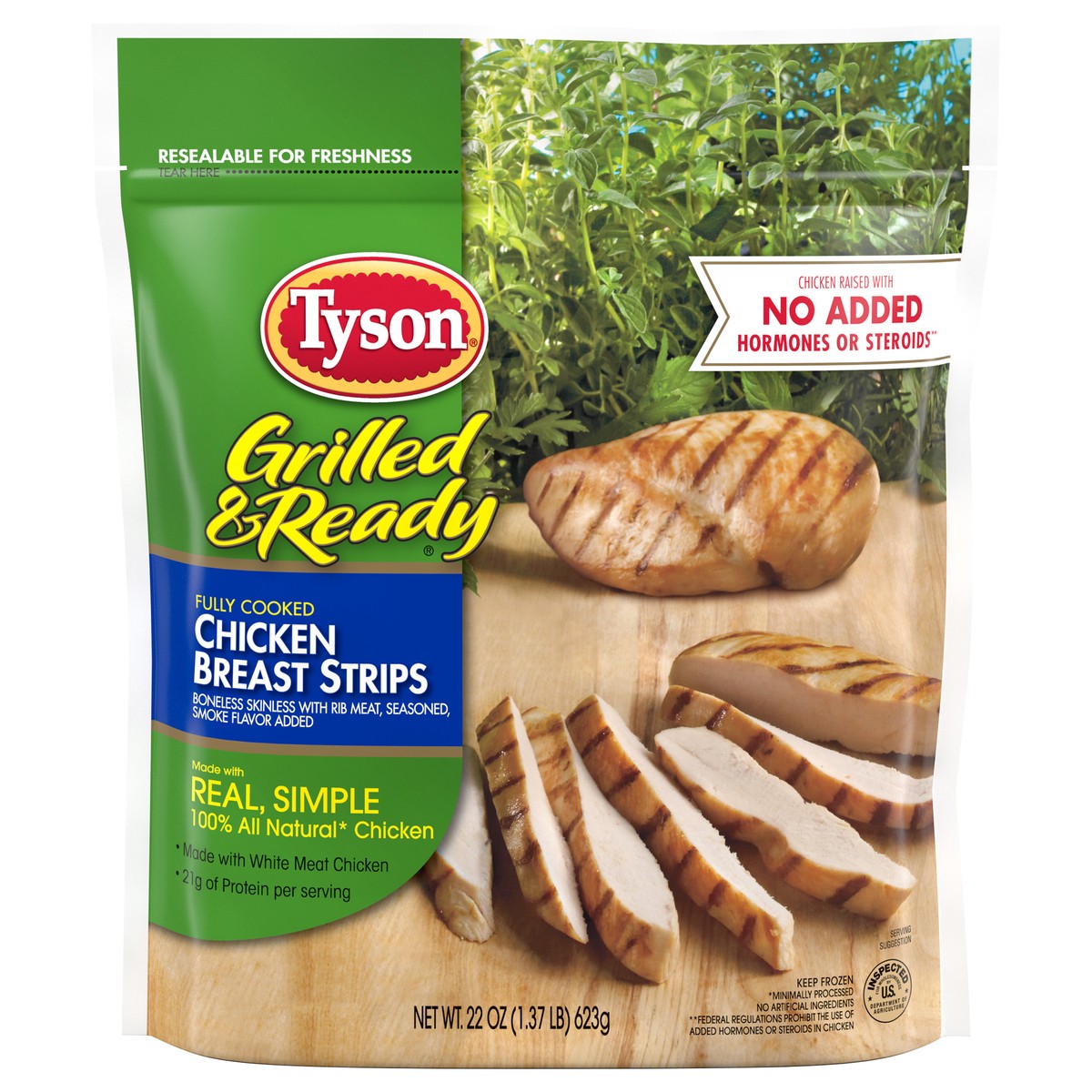 slide 1 of 10, TYSON GRILLED AND READY Tyson Grilled & Ready Fully Cooked Grilled Chicken Breast Strips, 22 oz. (Frozen), 623.69 g