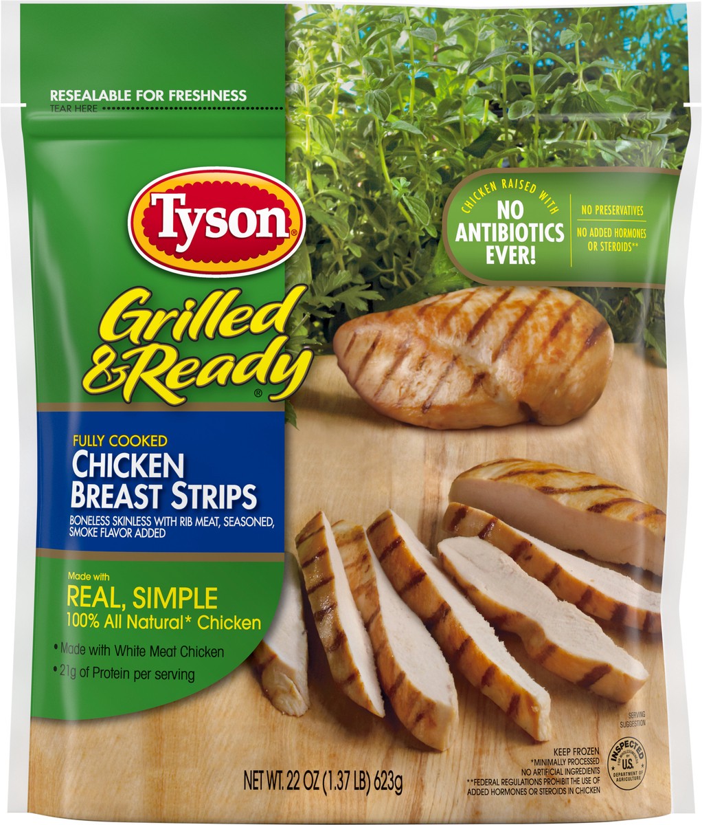 slide 6 of 10, TYSON GRILLED AND READY Tyson Grilled & Ready Fully Cooked Grilled Chicken Breast Strips, 22 oz. (Frozen), 623.69 g