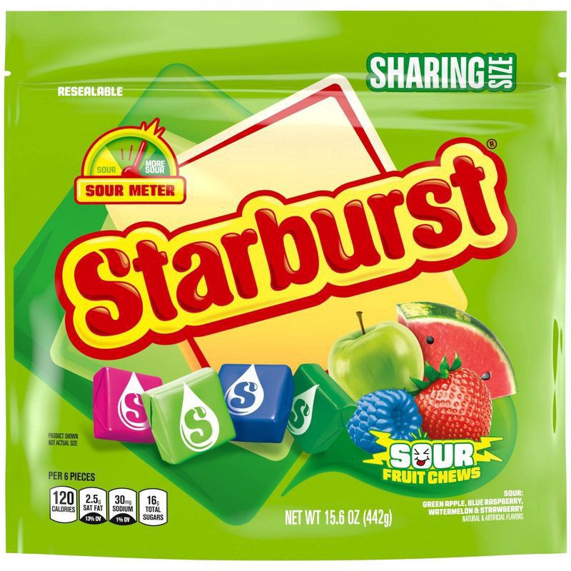 slide 1 of 8, STARBURST Sour Fruit Chews Chewy Candy, Sharing Size, 15.6 Oz Resealable Bag, 15.6 oz