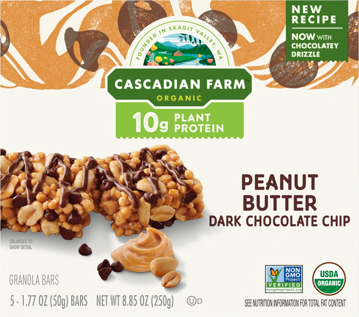 slide 3 of 14, Cascadian Farm Organic Peanut Butter Dark Chocolate Chip Protein Bars, Non-GMO, 5 Bars, 8.85 oz., 5 ct
