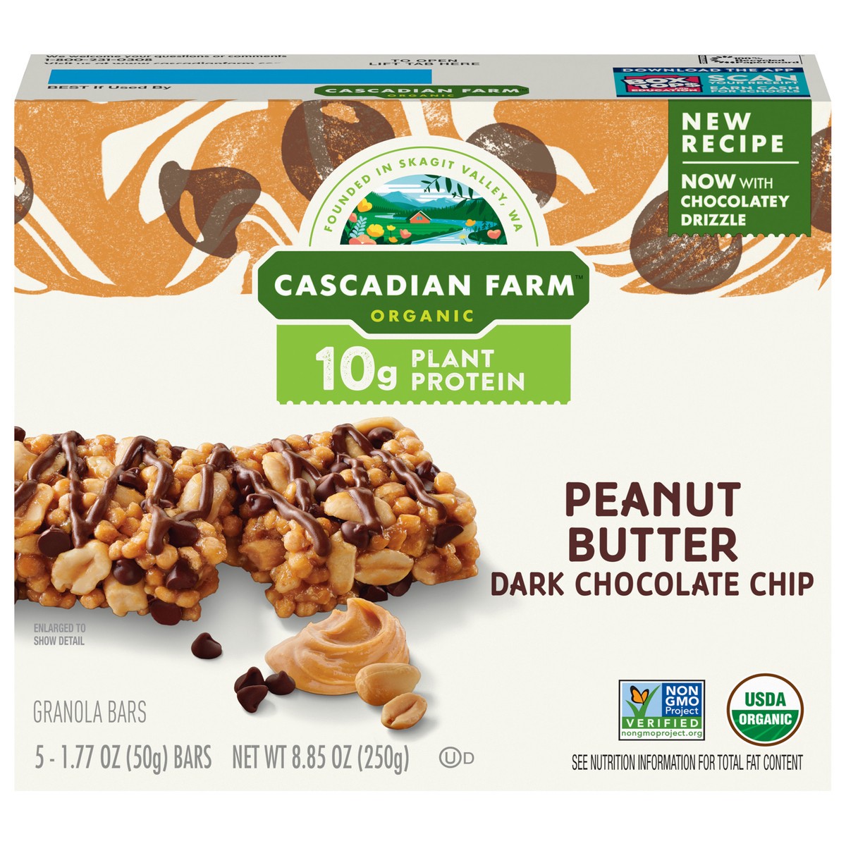 slide 13 of 14, Cascadian Farm Organic Peanut Butter Dark Chocolate Chip Protein Bars, Non-GMO, 5 Bars, 8.85 oz., 5 ct
