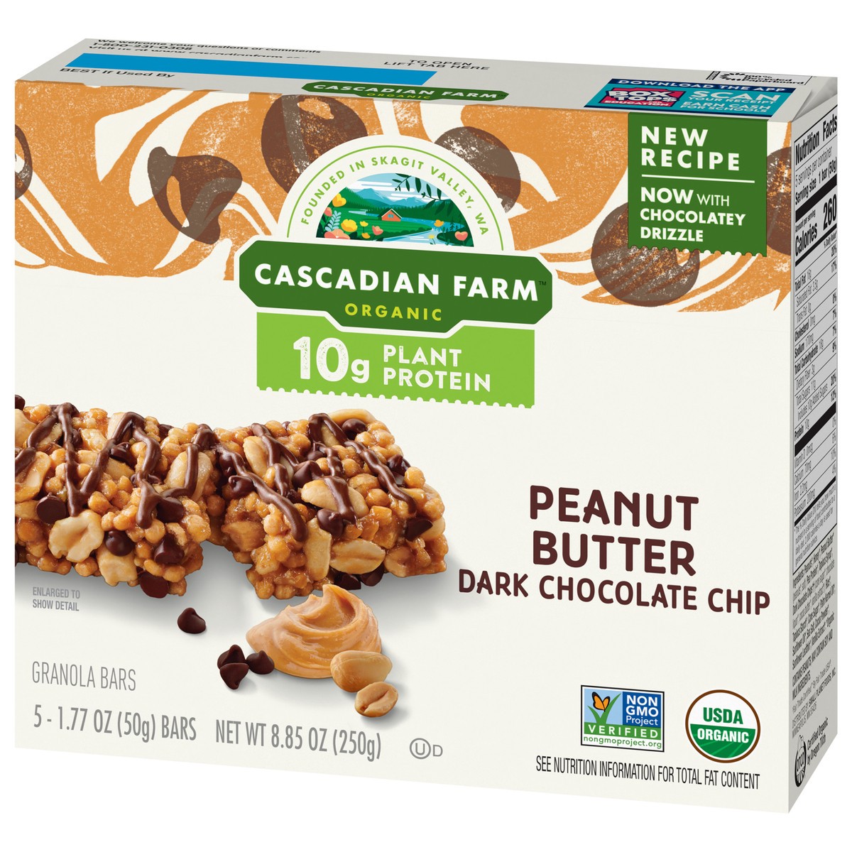 slide 5 of 14, Cascadian Farm Organic Peanut Butter Dark Chocolate Chip Protein Bars, Non-GMO, 5 Bars, 8.85 oz., 5 ct