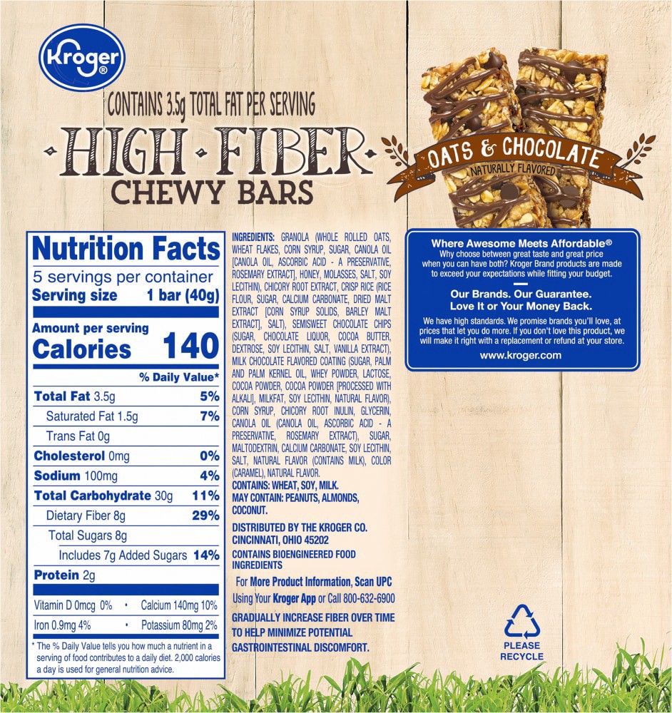 slide 2 of 2, Kroger High Fiber Chewy Oats & Chocolate Bars, 5 ct; 1.4 oz