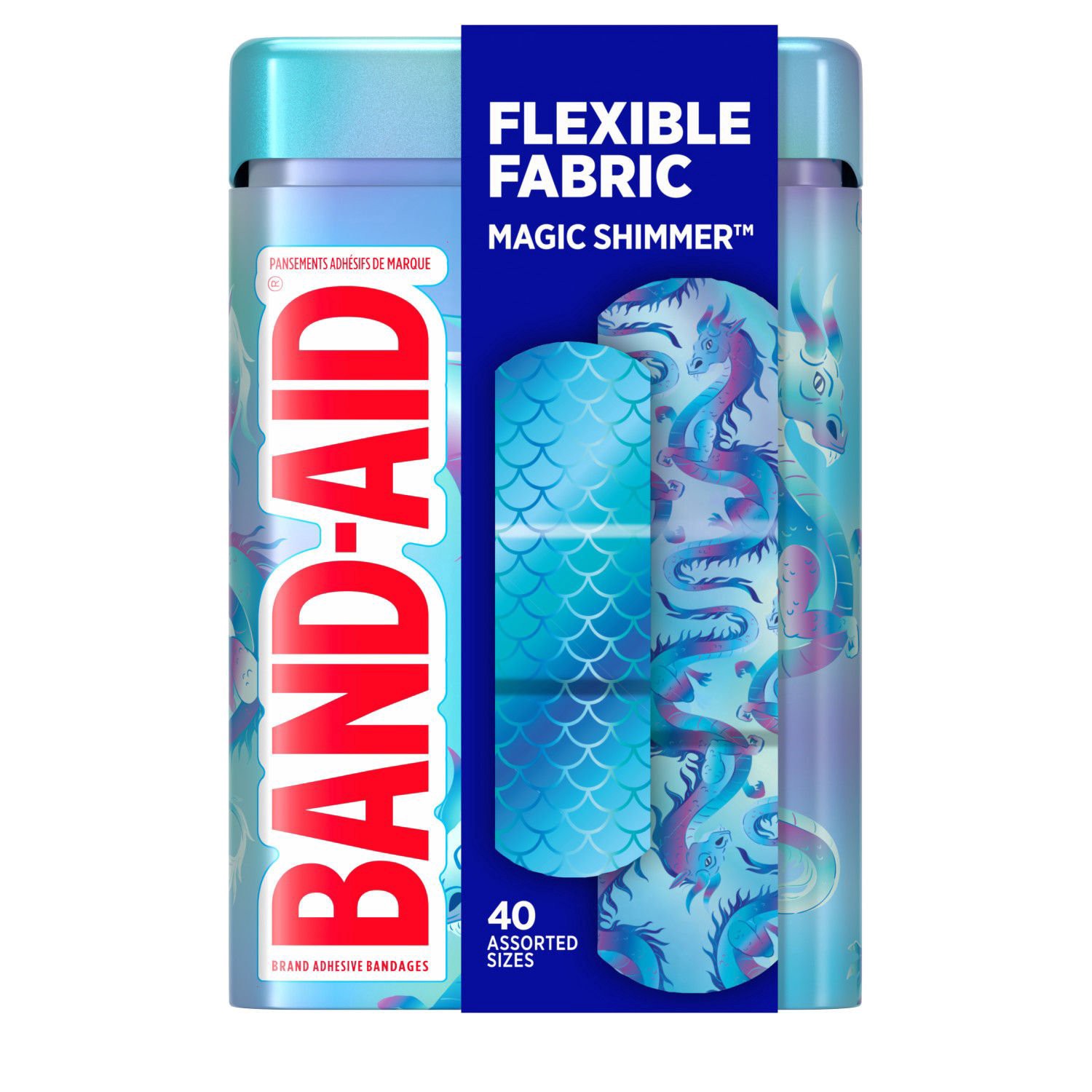 slide 1 of 7, Band-Aid Flexible Fabric Tin Iridescent Dragons, 40 Ct, 40 ct
