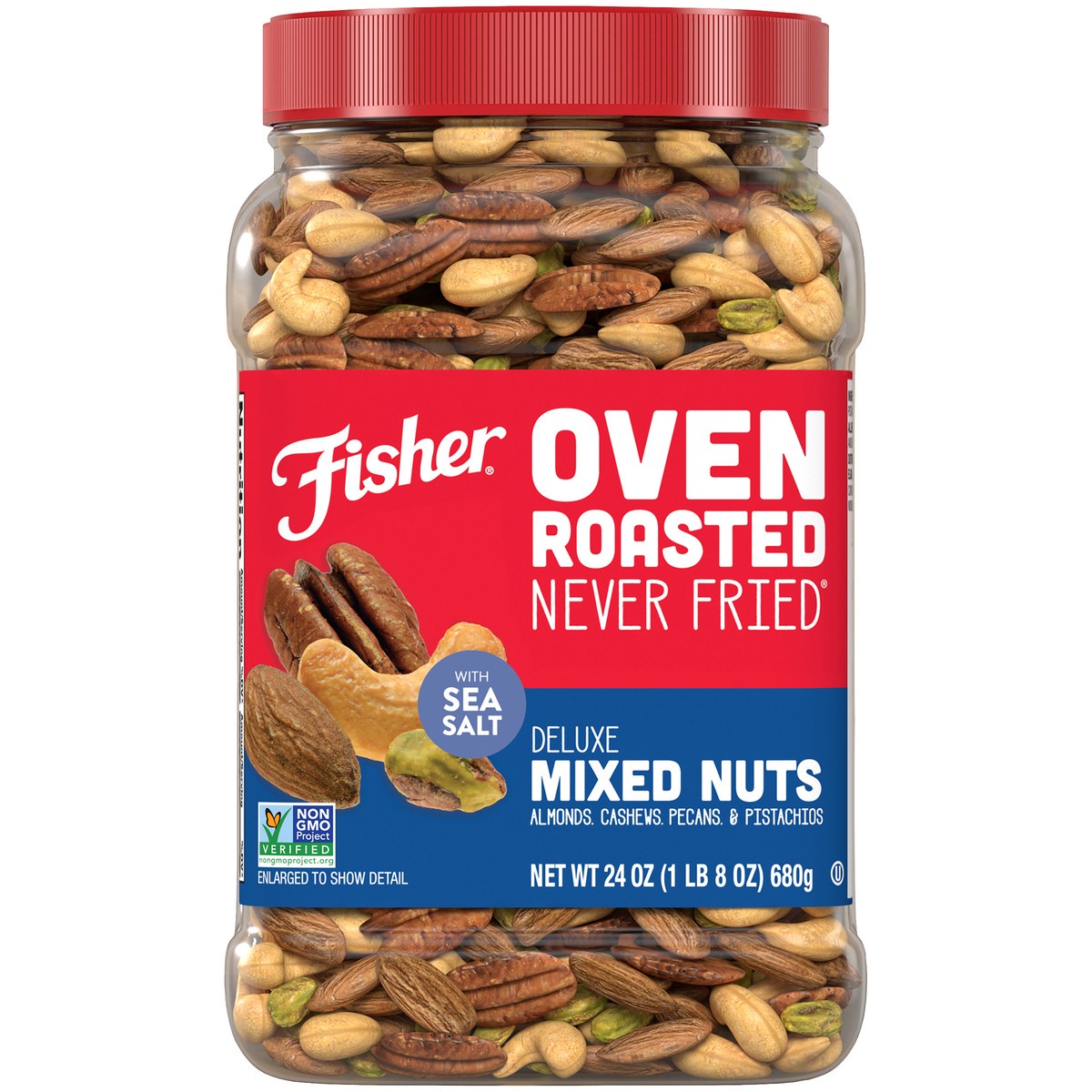 slide 1 of 9, Fisher Oven Roasted Never Fried Deluxe Mixed Nuts with Sea Salt 24 oz. Canister, 24 oz