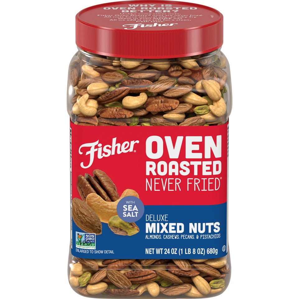 slide 1 of 9, Fisher Oven Roasted Deluxe Mixed Nuts, 24 oz