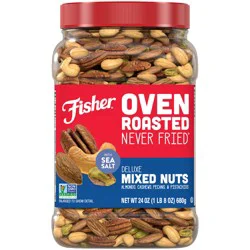 Fisher Oven Roasted Never Fried Deluxe Mixed Nuts with Sea Salt 24 oz. Canister