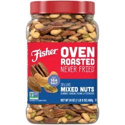 Fisher Oven Roasted Never Fried Deluxe Mixed Nuts with Sea Salt 24 oz. Canister