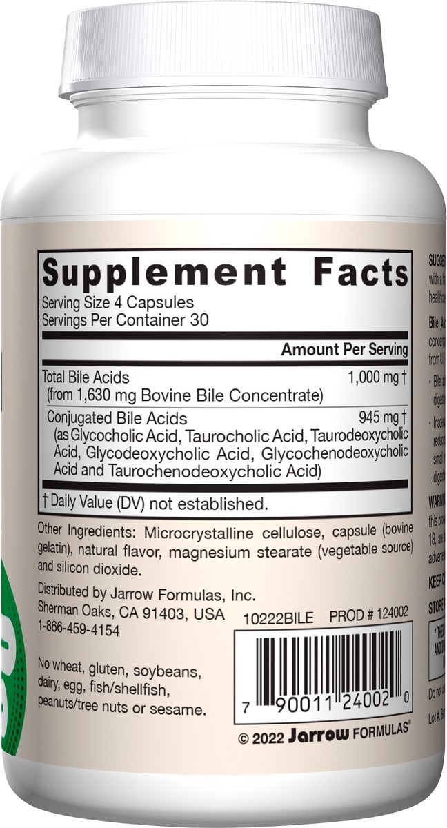 slide 4 of 4, Jarrow Formulas Bile Acid Factors 1000 mg - Dietary Supplement - 120 Capsules - 30 Servings - Conjugated Bile Acid Formulation - Supports Digestion and Absorption of Fats & Fat-Soluble Nutrients, 1 ct