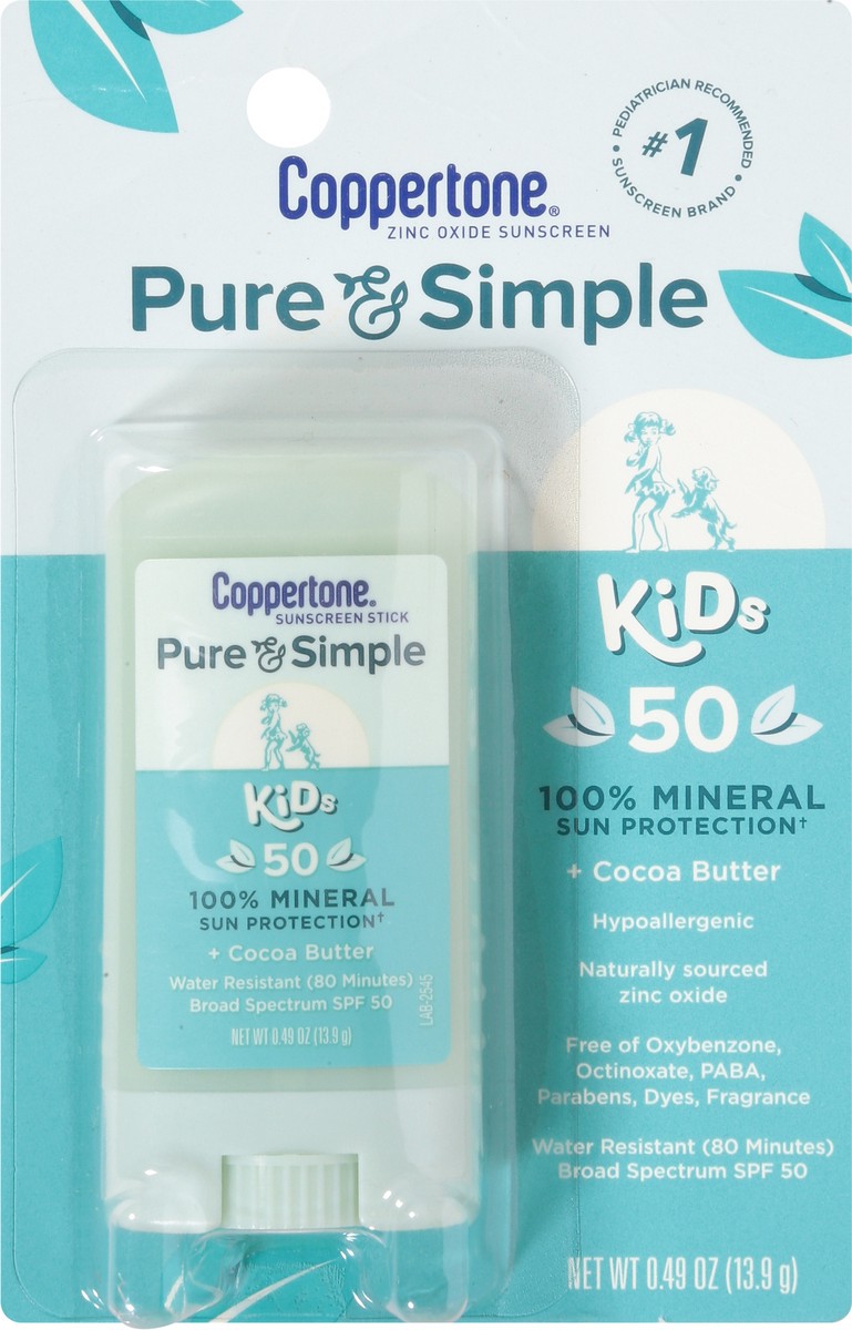 slide 4 of 9, Coppertone Pure & Simple Kids Sunscreen Stick, SPF 50 Mineral Active Sunscreen, 0.49 Oz (New UPC), 0.49 oz