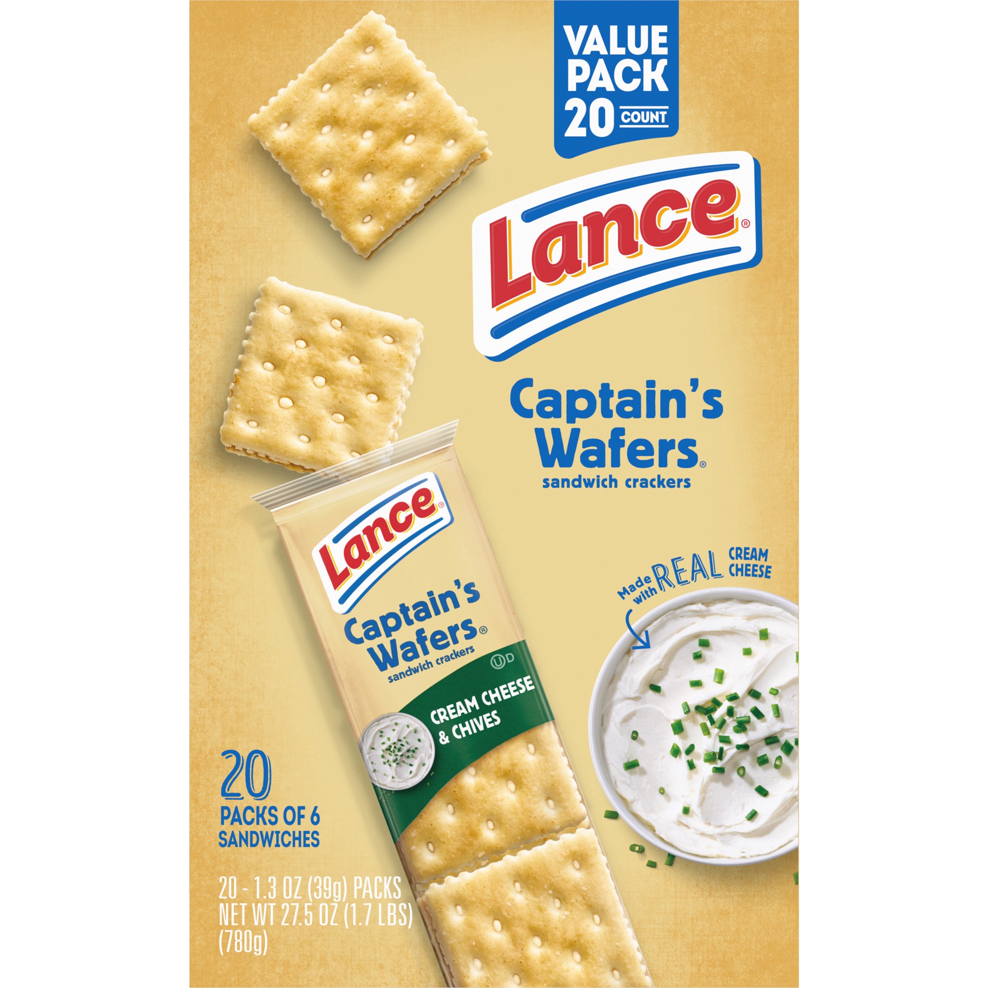 slide 6 of 10, Lance Sandwich Crackers, Captain's Wafers Cream Cheese and Chives, 20 Packs, 6 Sandwiches Each, 27.5 oz