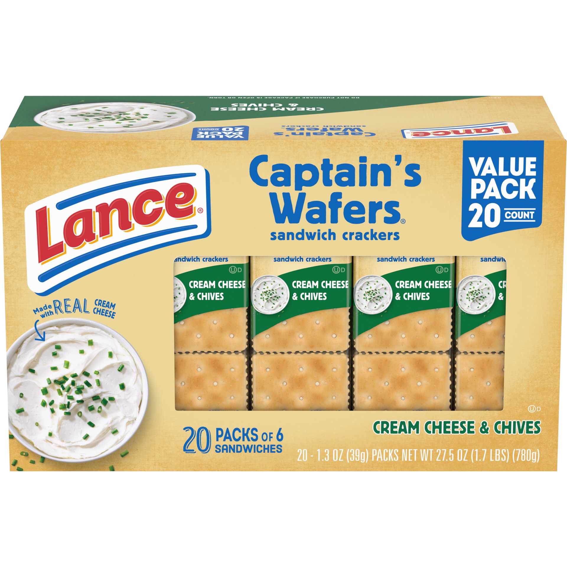 slide 1 of 10, Lance Sandwich Crackers, Captain's Wafers Cream Cheese and Chives, 20 Packs, 6 Sandwiches Each, 27.5 oz
