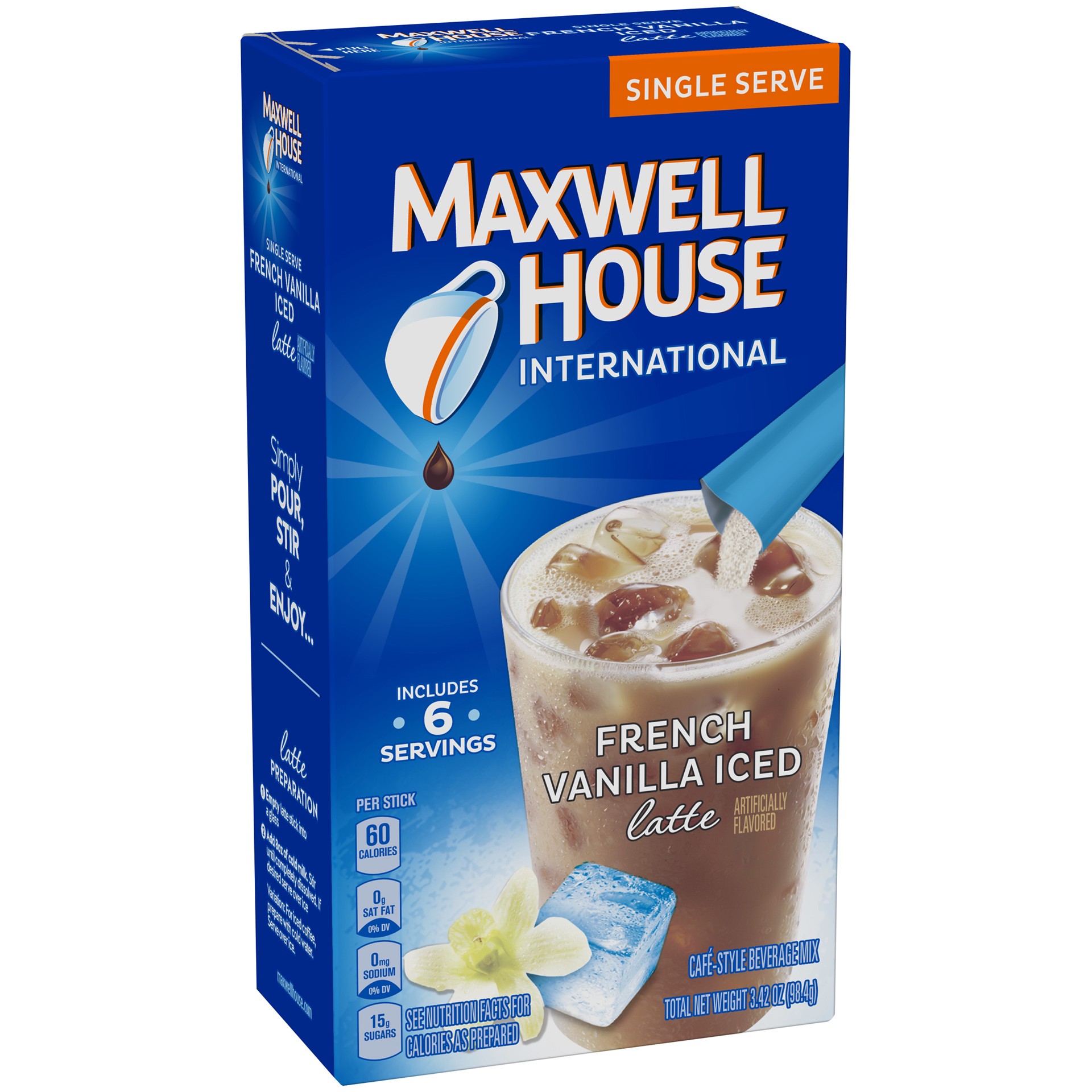 slide 2 of 6, Maxwell House French Vanilla Iced Latte Café-Style Single Serve Instant Coffee Beverage Mix, 6 ct. Sticks, 6 ct